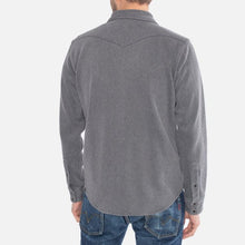 Load image into Gallery viewer, A grey Iron Heart Kersey Western shirt with long sleeves, button-up front, and two chest pockets. 