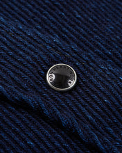 Load image into Gallery viewer, Close-up of a Iron Heart Indigo Kersey fabric shirt with &#39;Iron Heart&#39; branding.