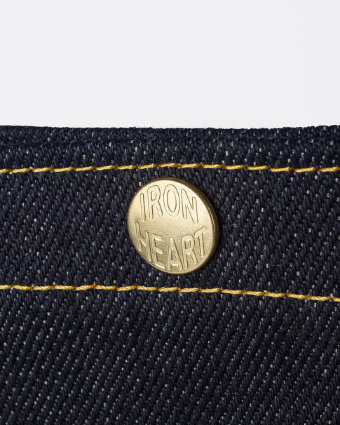Iron Heart IHE-49 indigo tote - close-up of brass snap button
