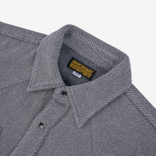 Load image into Gallery viewer, A grey Iron Heart Kersey Western shirt with long sleeves, button-up front, and two chest pockets. 