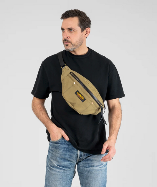 Iron Heart IHE-53 Waist Bag in Khaki — worn, front view