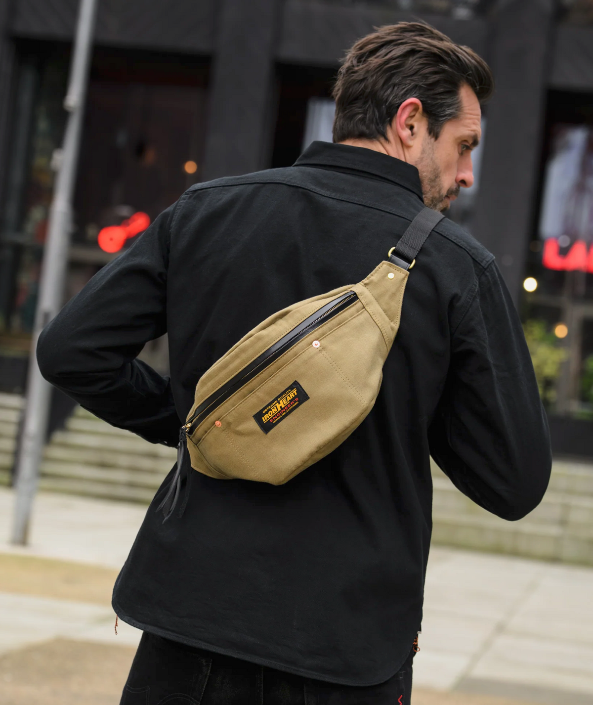Iron Heart IHE-53 Waist Bag in Khaki — worn, back view