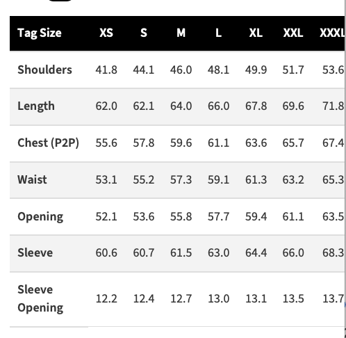 Iron Heart IHM-53-ODG N1 deck jacket sizing chart measurements guide