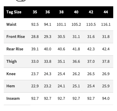 Iron Heart IH-666S-UHR jeans sizing chart measurements guide (cm)
