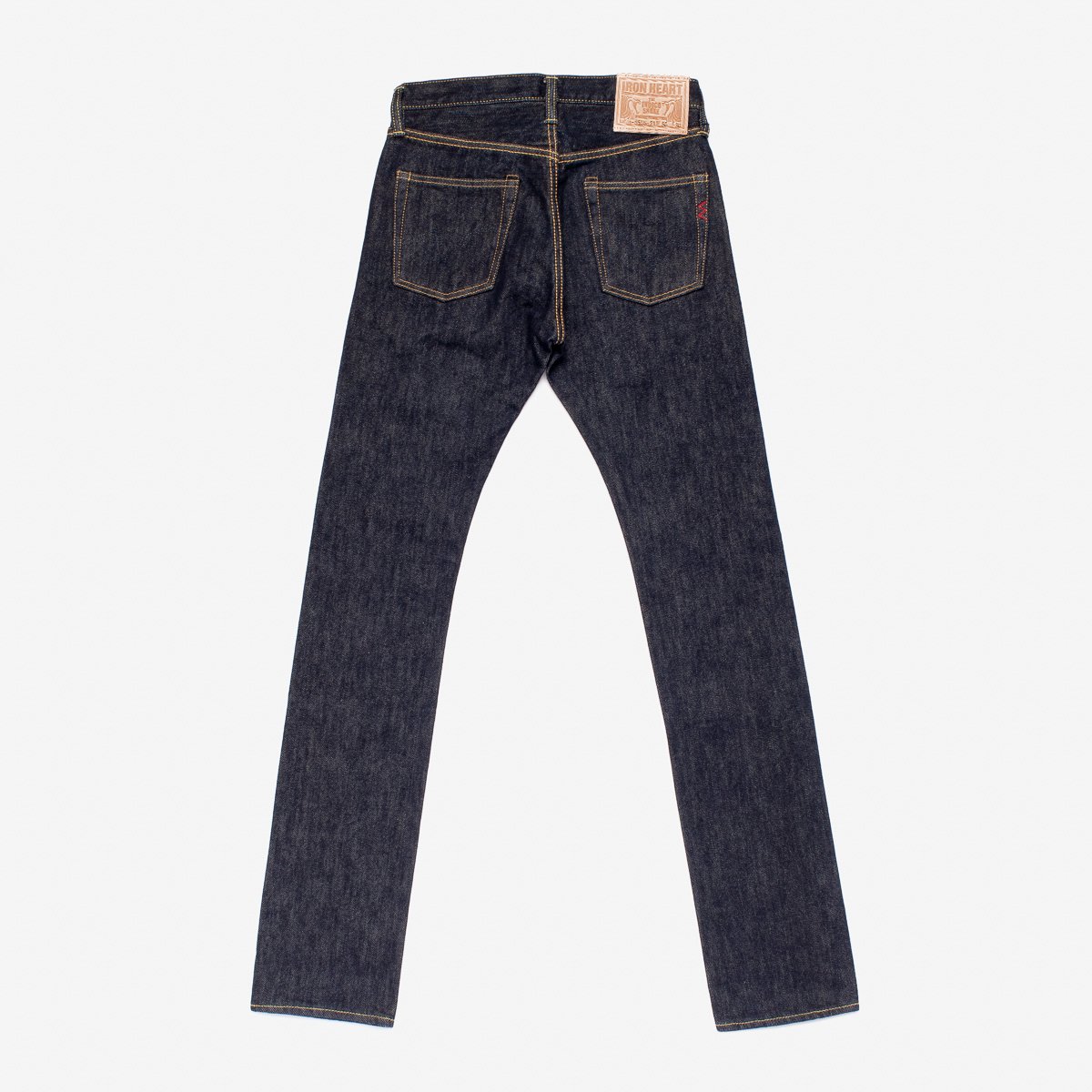 Iron Heart IH-555S-21 21oz selvedge denim jeans indigo back view showing arcuate stitching
