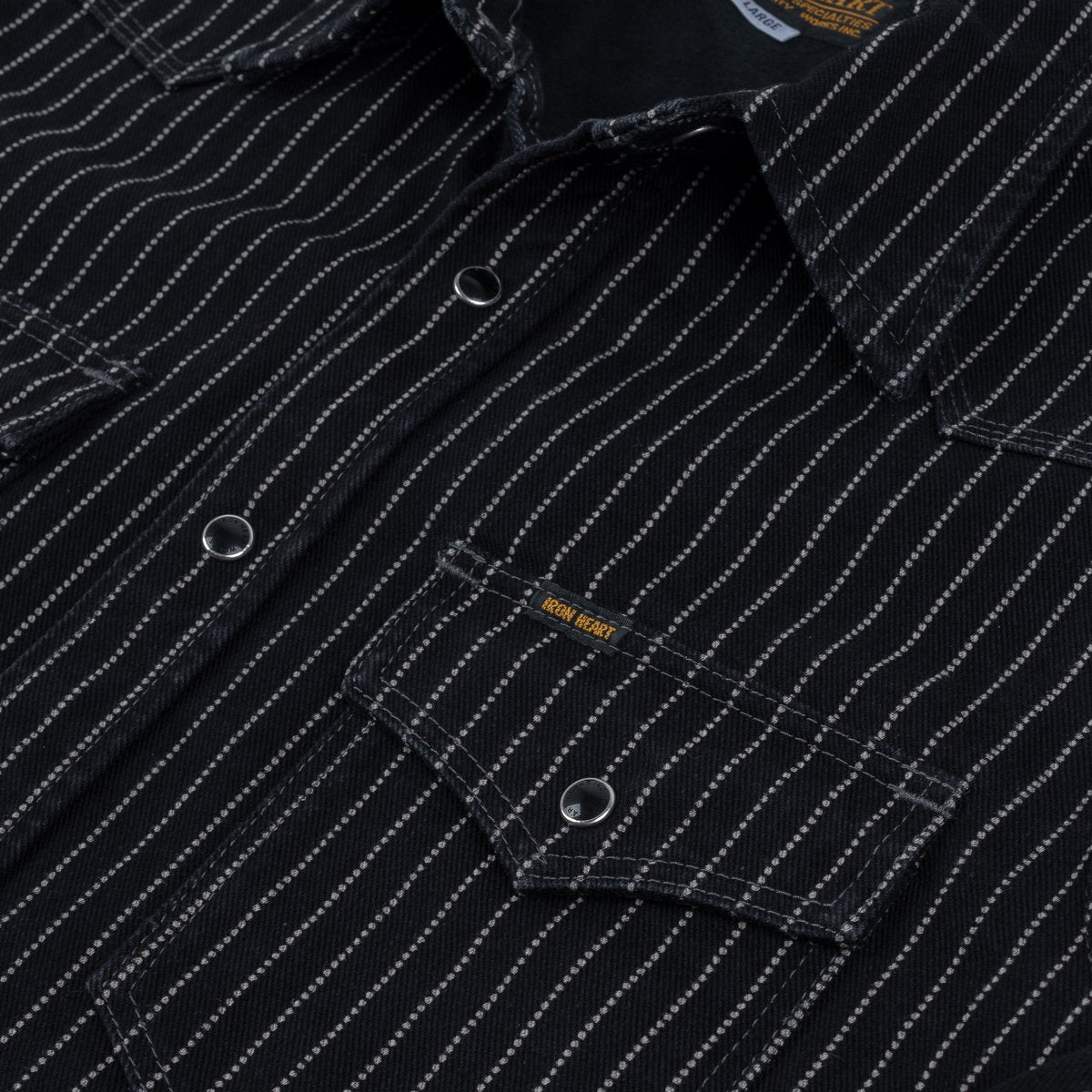 A black Iron Heart Wabash, long-sleeved western-style shirt, 12oz, made in Japan.