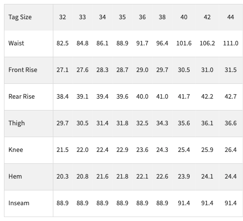 Iron Heart IH-666S-14 jeans sizing chart measurements guide