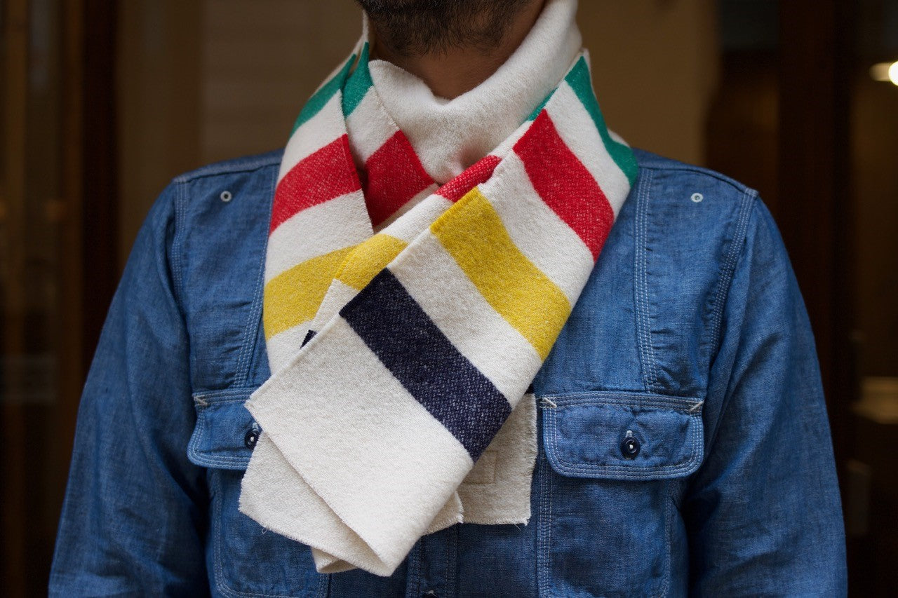 Pherrow's denim jacket with Hudson's Bay scarf — heritage Japanese workwear at Aitora Store
