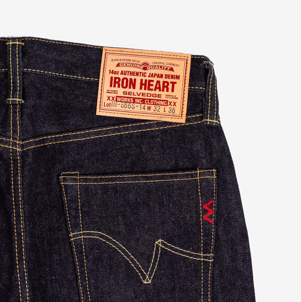 Iron Heart IH-666S-14 14oz selvedge denim jeans indigo back view showing arcuate stitching